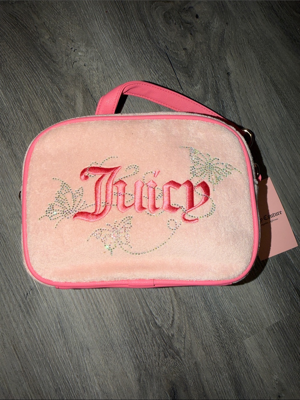 NWT Juicy Couture Pink Velvet Crossbody with Crystal Script